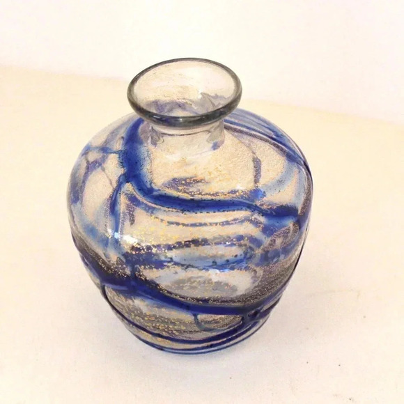 Vintage Small Mini Blue Swirl With Gold Specks Single Flower Vase - Picture 2 of 3